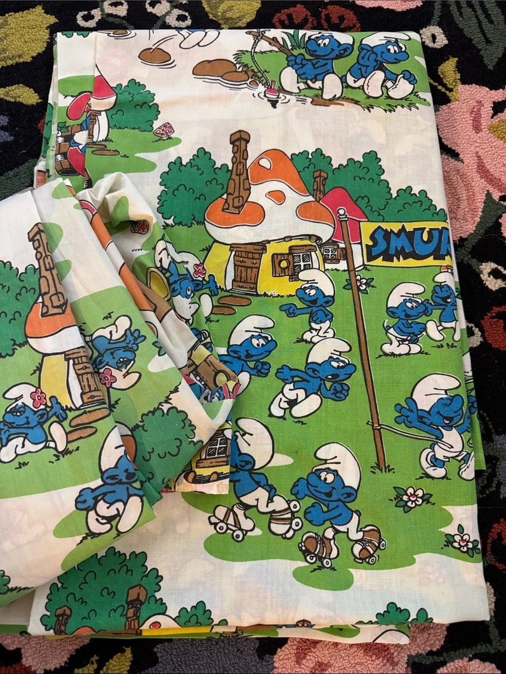 Vintage Smurfs Printed Twin Sheets - Blue/White